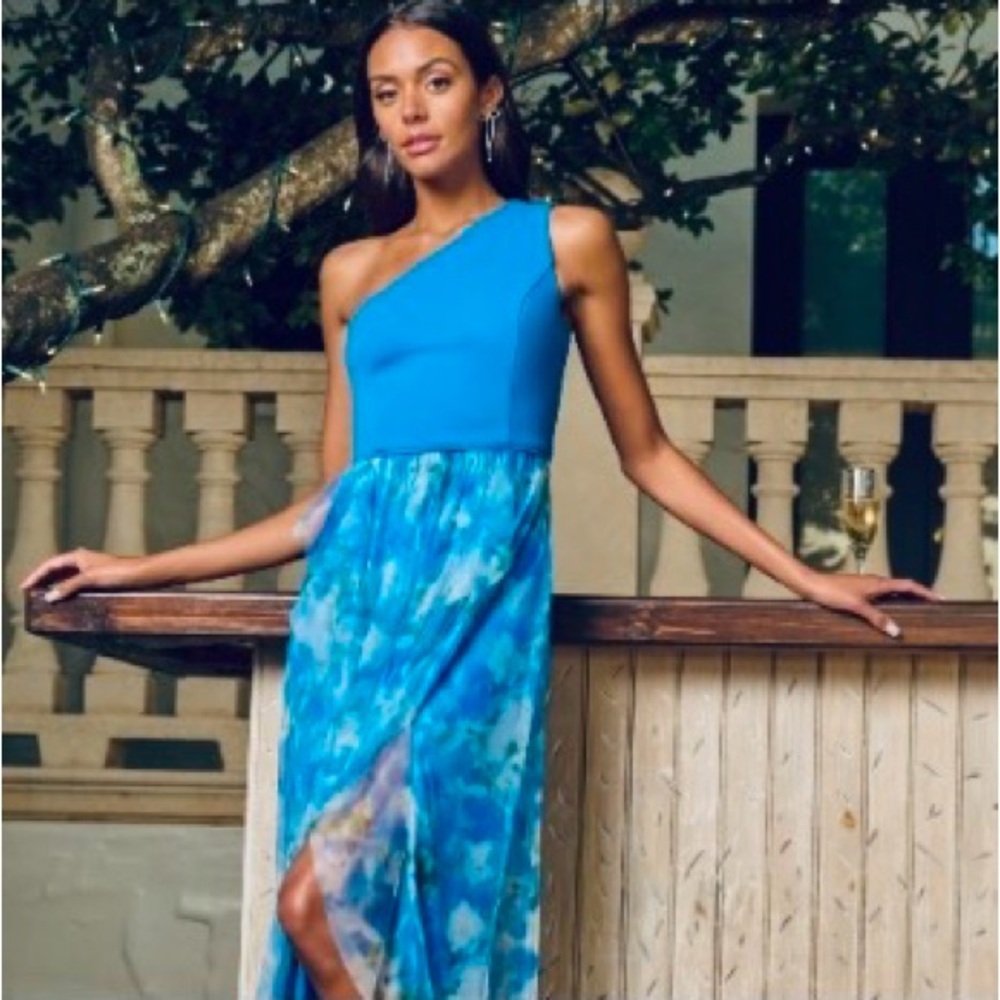 NWT Sz12 Adrianna Papell Vibrant Blue Floral One-Shoulder Long Dress Gown, Prom